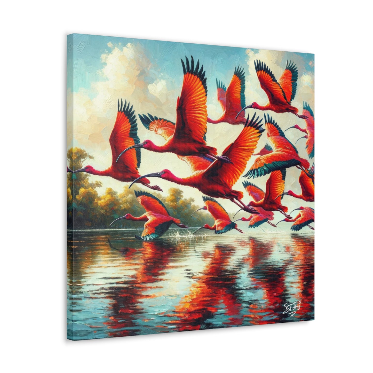 Art Print, Scarlet Ibises in flight, Oil Finish, Trinidad & Tobago, Caribbean, West Indian Art, Canvas Gallery Wraps