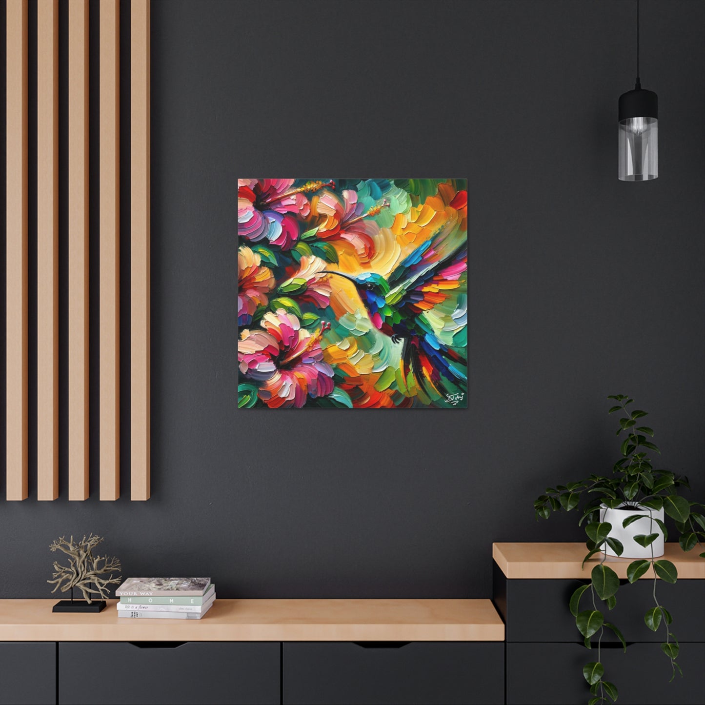 Art Print, Hummingbird on Hibiscus, Oil Finish, Caribbean Nature, Cultural, Heritage, Semi-Abstract, Canvas Gallery Wrap