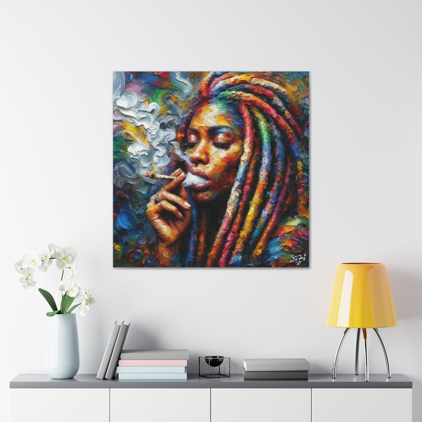 Art Print of Rasta-Woman Smoking, Oil Finish, West Indian Ethnicity, Cultural, Heritage, Afro-Caribbean Man, Semi-Abstract, Canvas Gallery Wrap