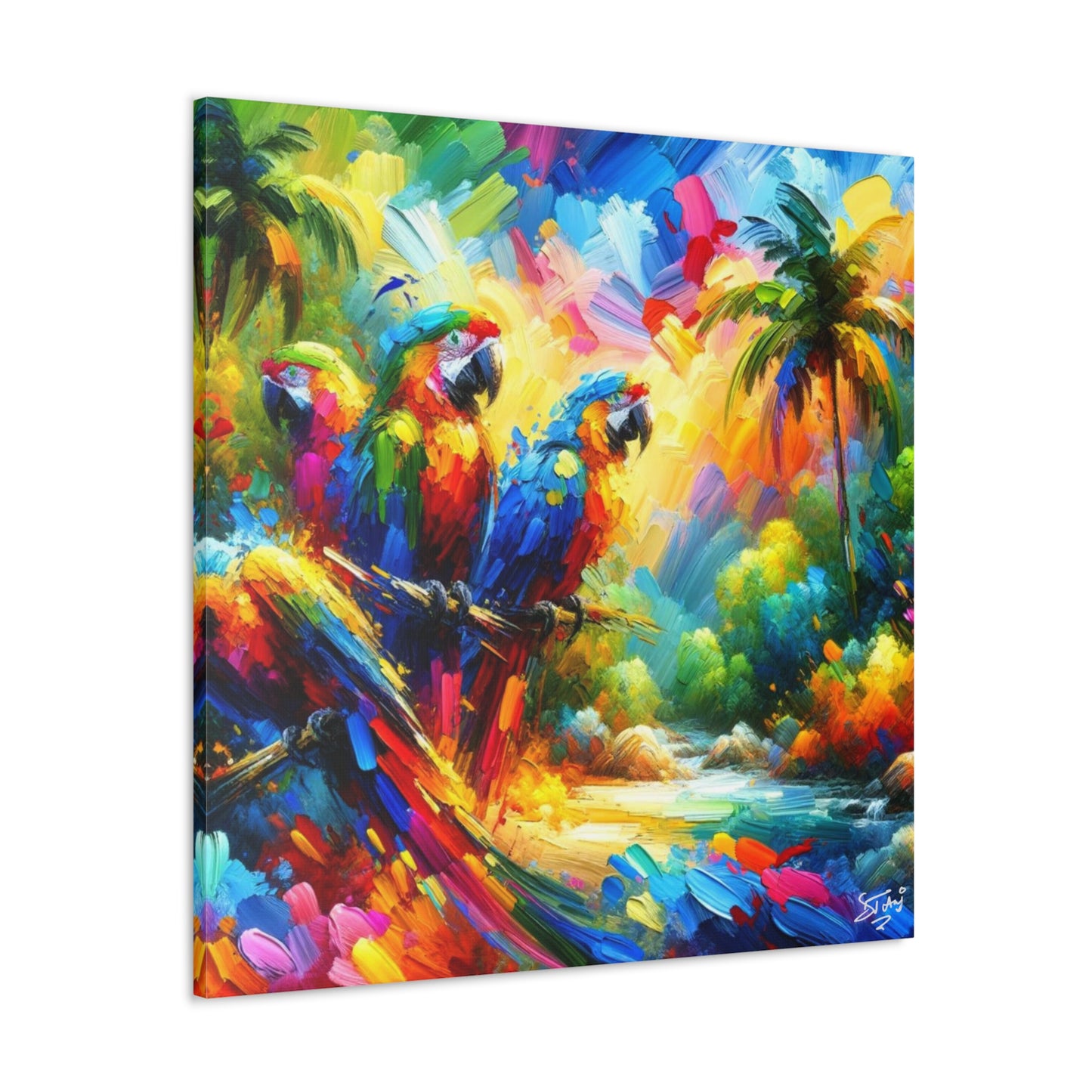 Art Print, The Parrots, Oil Finish, Caribbean Nature, Cultural, Heritage, Semi-Abstract, Canvas Gallery Wrap