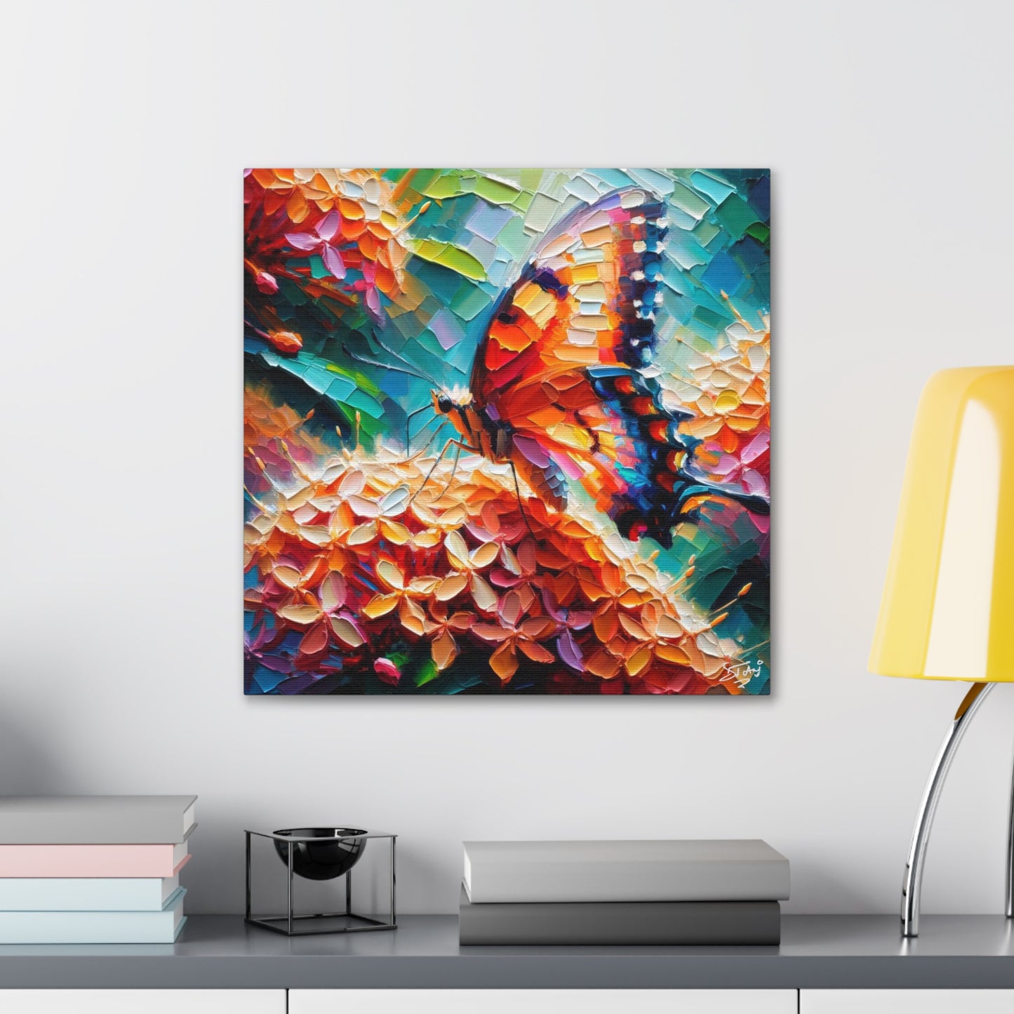 Art Print, Butterfly on Ixoras, Oil Finish, Caribbean Nature, Cultural, Heritage, Semi-Abstract, Canvas Gallery Wrap