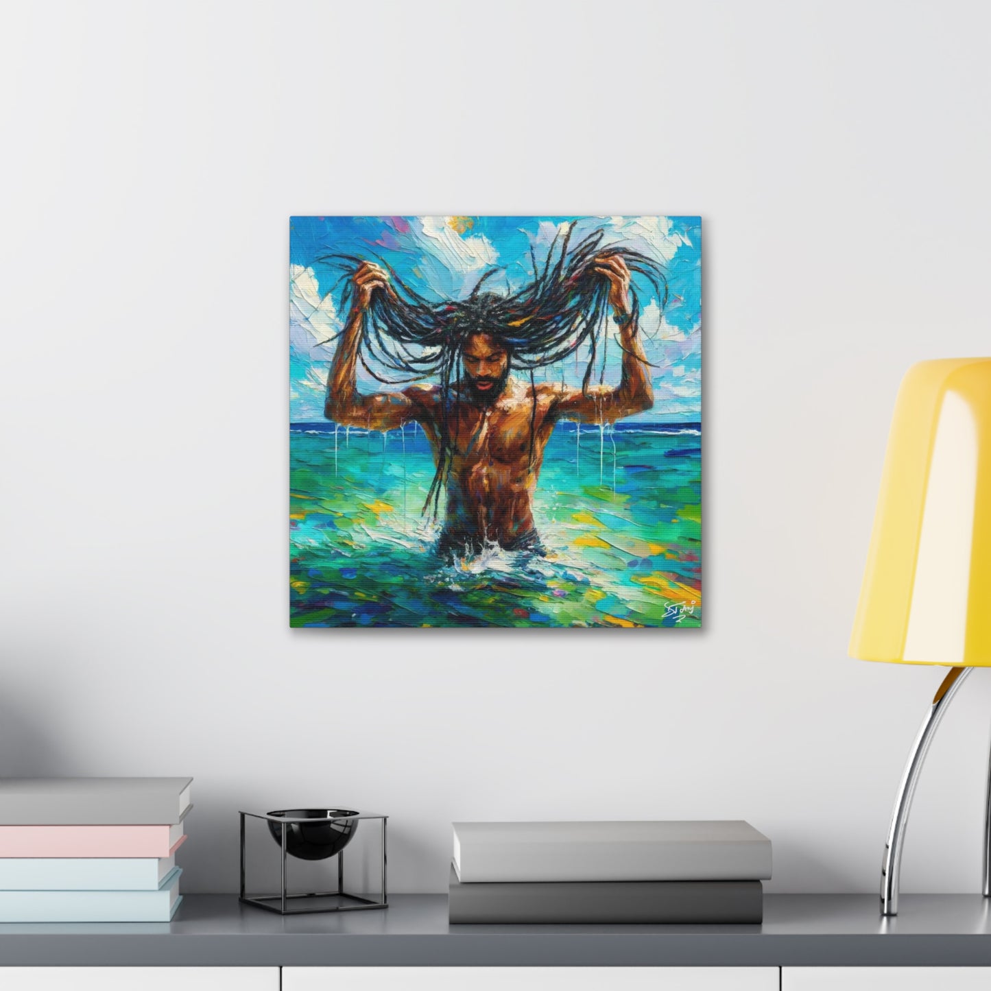 Art Print, Afro-Caribbean Man "Chilling in the Ocean" Oil Finish, West Indian Ethnicity, Cultural, Heritage, Semi-Abstract, Canvas Gallery Wrap