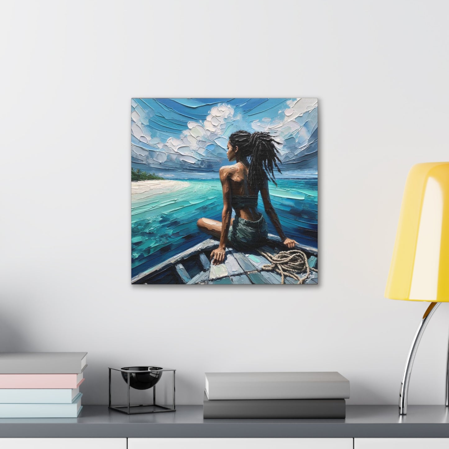 Art Print, Dougla Woman "Chilling in the Boat" Oil Finish, West Indian Ethnicity, Cultural, Heritage, Semi-Abstract, Canvas Gallery Wrap