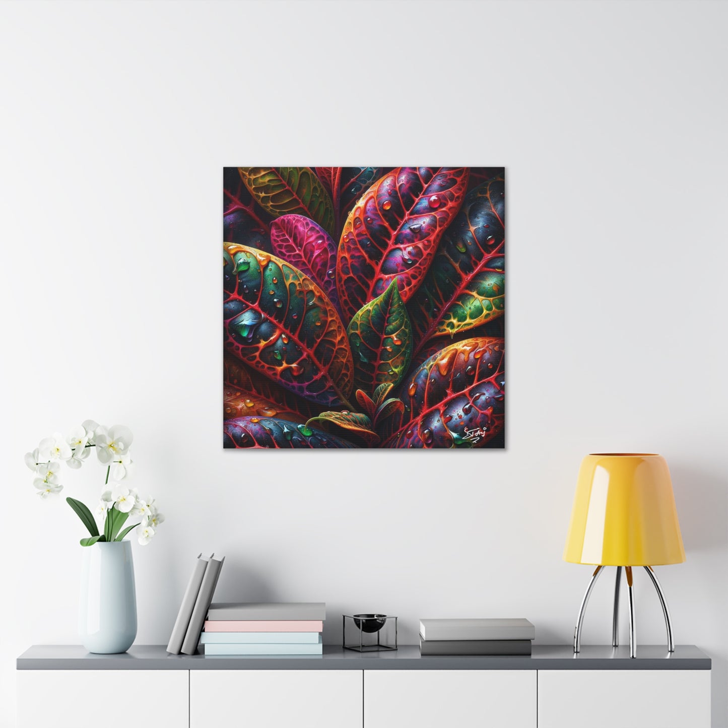 Oil Print#3 of Croton Plant, Close-up, Still Wet from Recent Rain, Caribbean, Tropical Plant, Canvas Gallery Wraps