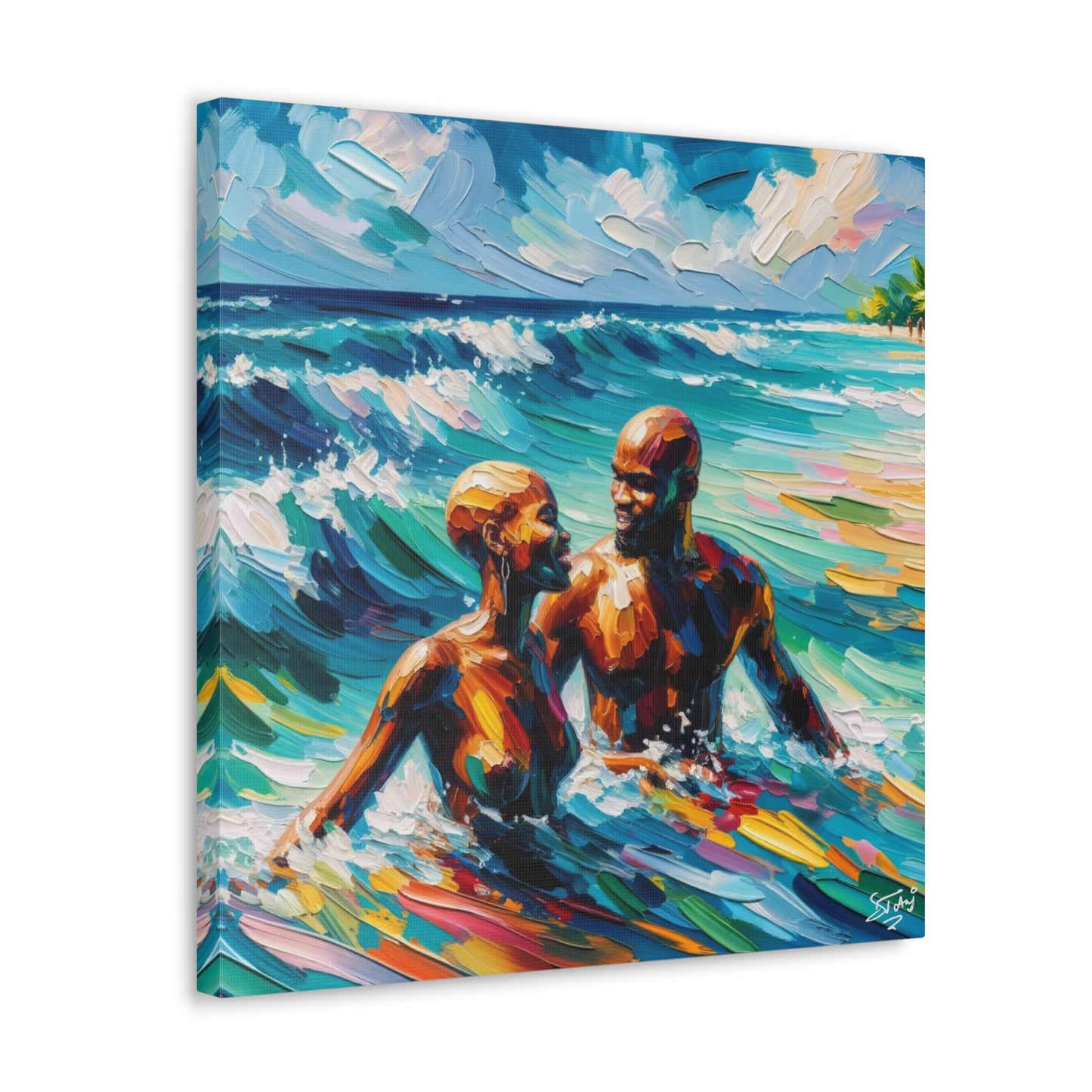 Art Print, Afro-Caribbean Couple "Skinny Dipping," Oil Finish, West Indian Ethnicity, Cultural, Heritage, Semi-Abstract, Canvas Gallery Wrap