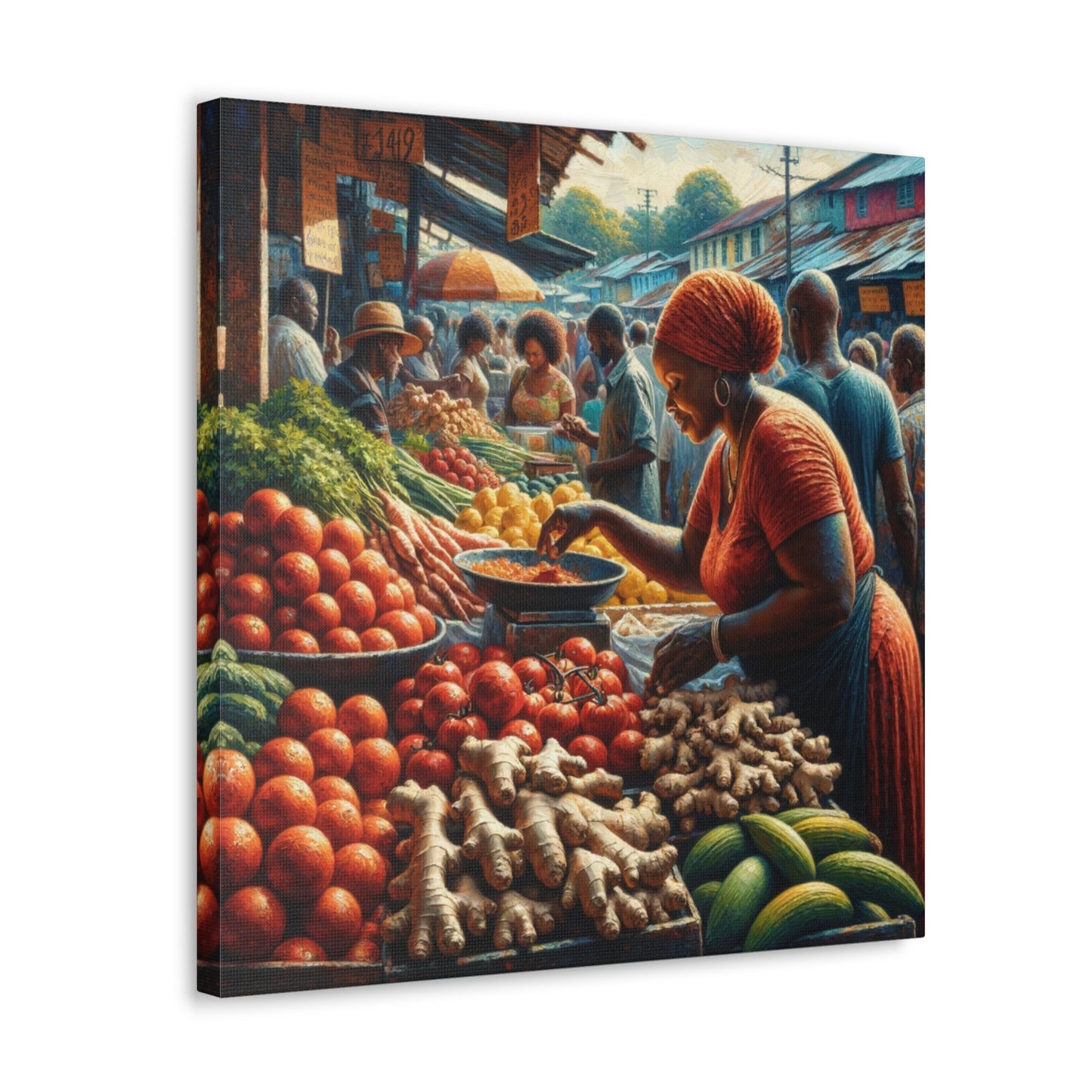 Art Print#7, "Selling at the Market", Market Scene in Trinidad, Caribbean, Oil Finish, West Indian Art, Canvas Gallery Wraps