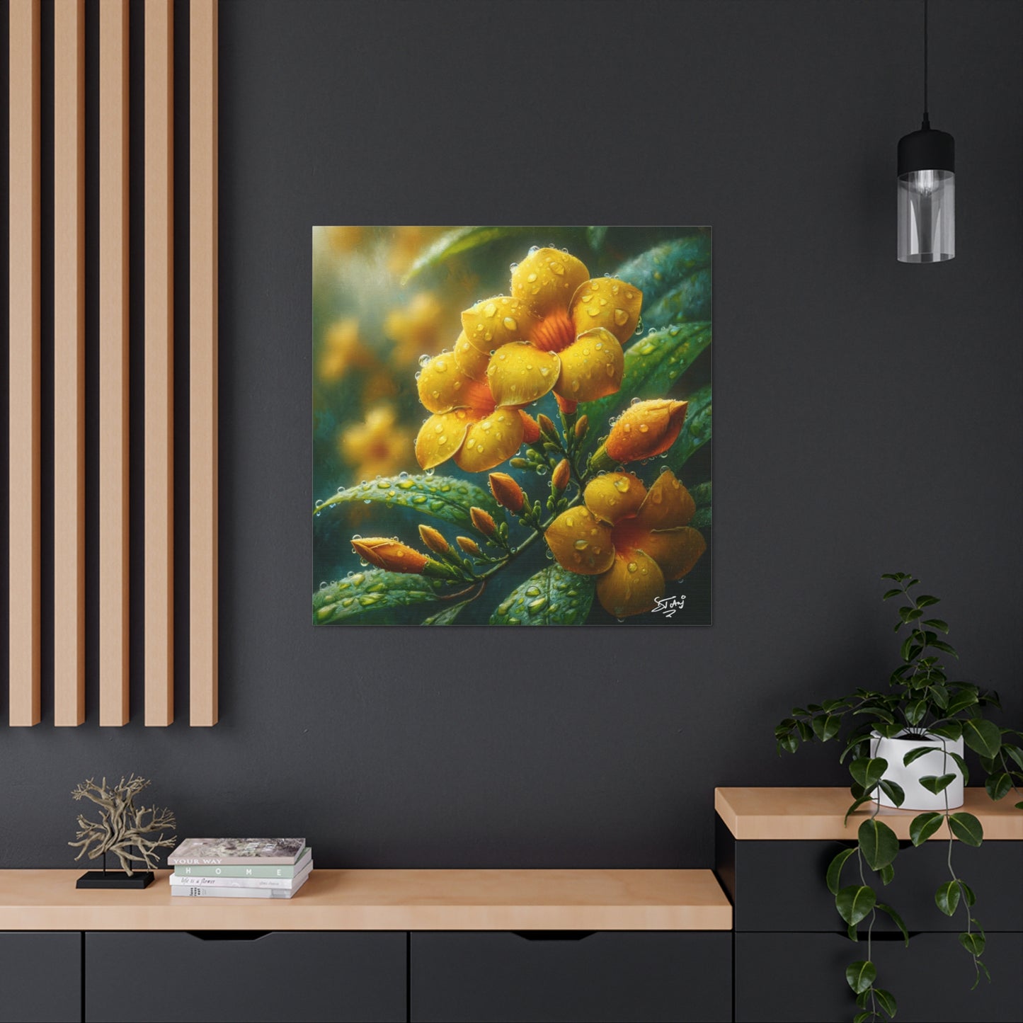 Print#2 of Yellow Allamanda Flowers in the Rain, Oil Paint Finish, Caribbean, Tropical, Canvas Gallery Wraps