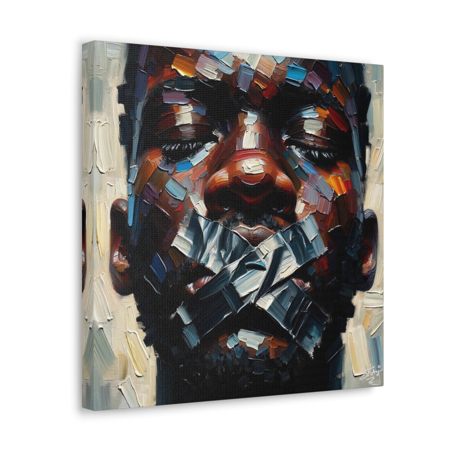 Art Print, Afro-Caribbean Man Silenced? Oil Finish, West Indian Ethnicity, Cultural, Heritage, Semi-Abstract, Canvas Gallery Wrap