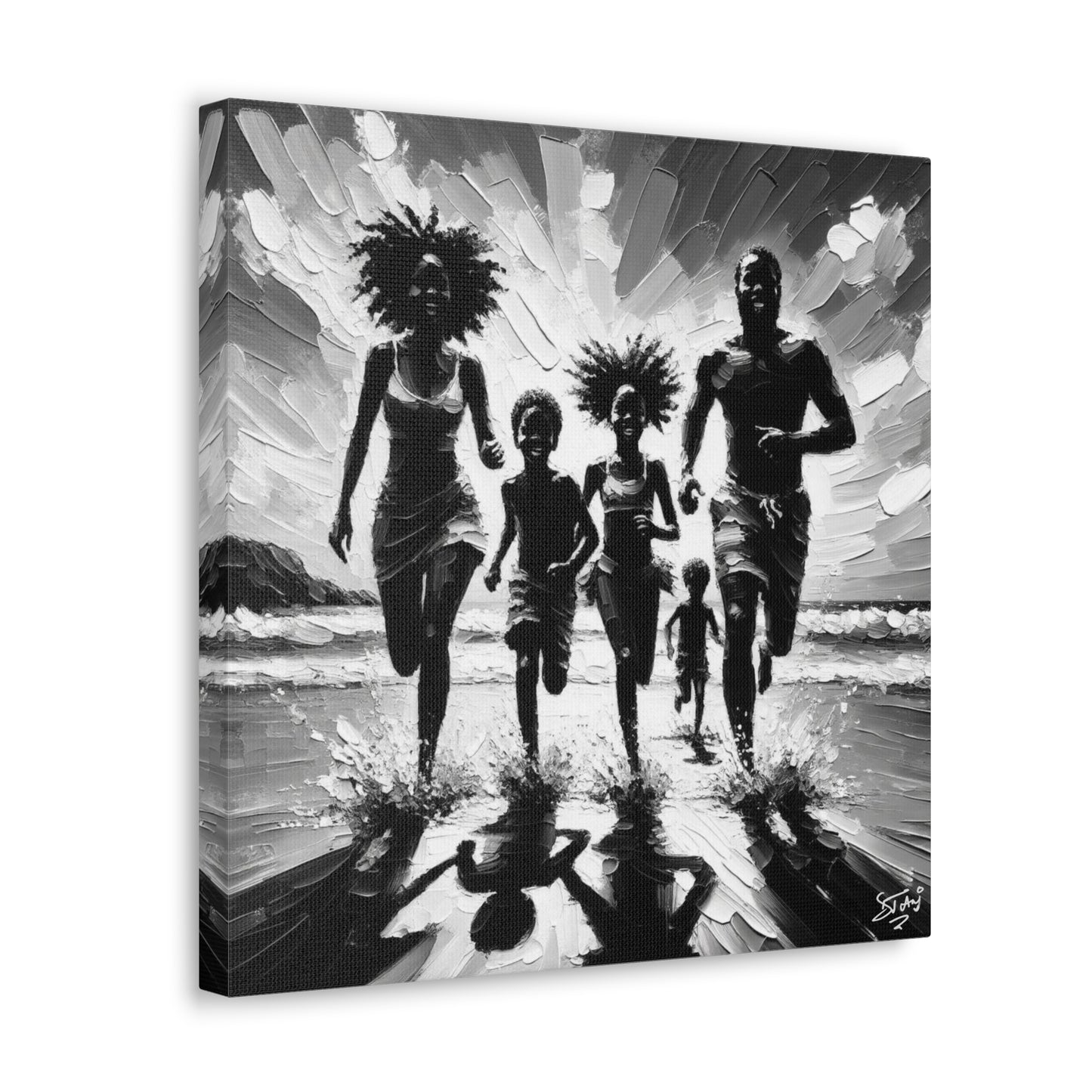 Art Print, Afro-Caribbean Family "Running on the Beach," Oil Finish, West Indian Ethnicity, Cultural, Heritage, Abstract, Canvas Gallery Wrap