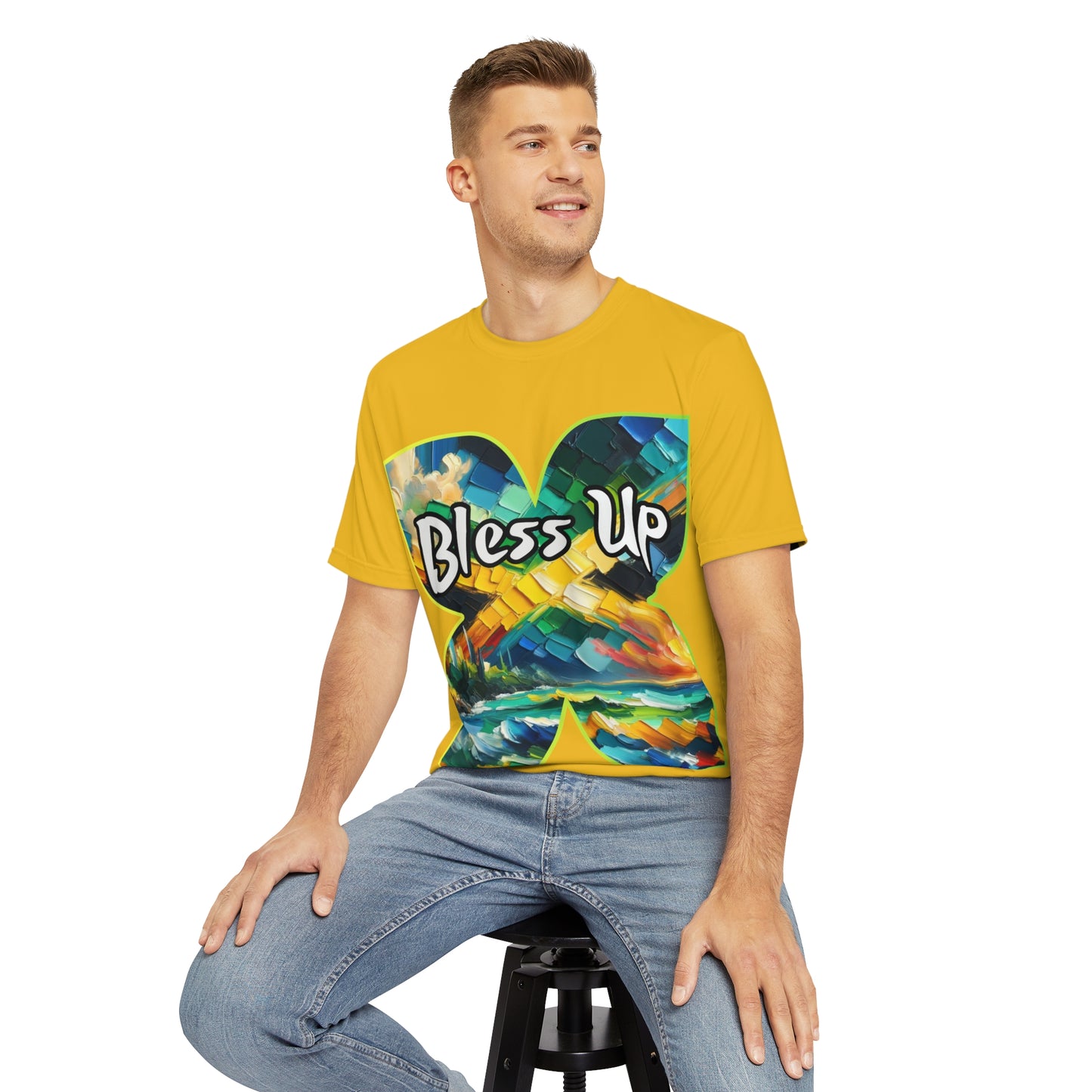 Men's Brushed Polyester Short Sleeve Tee (AOP), "Bless Up"