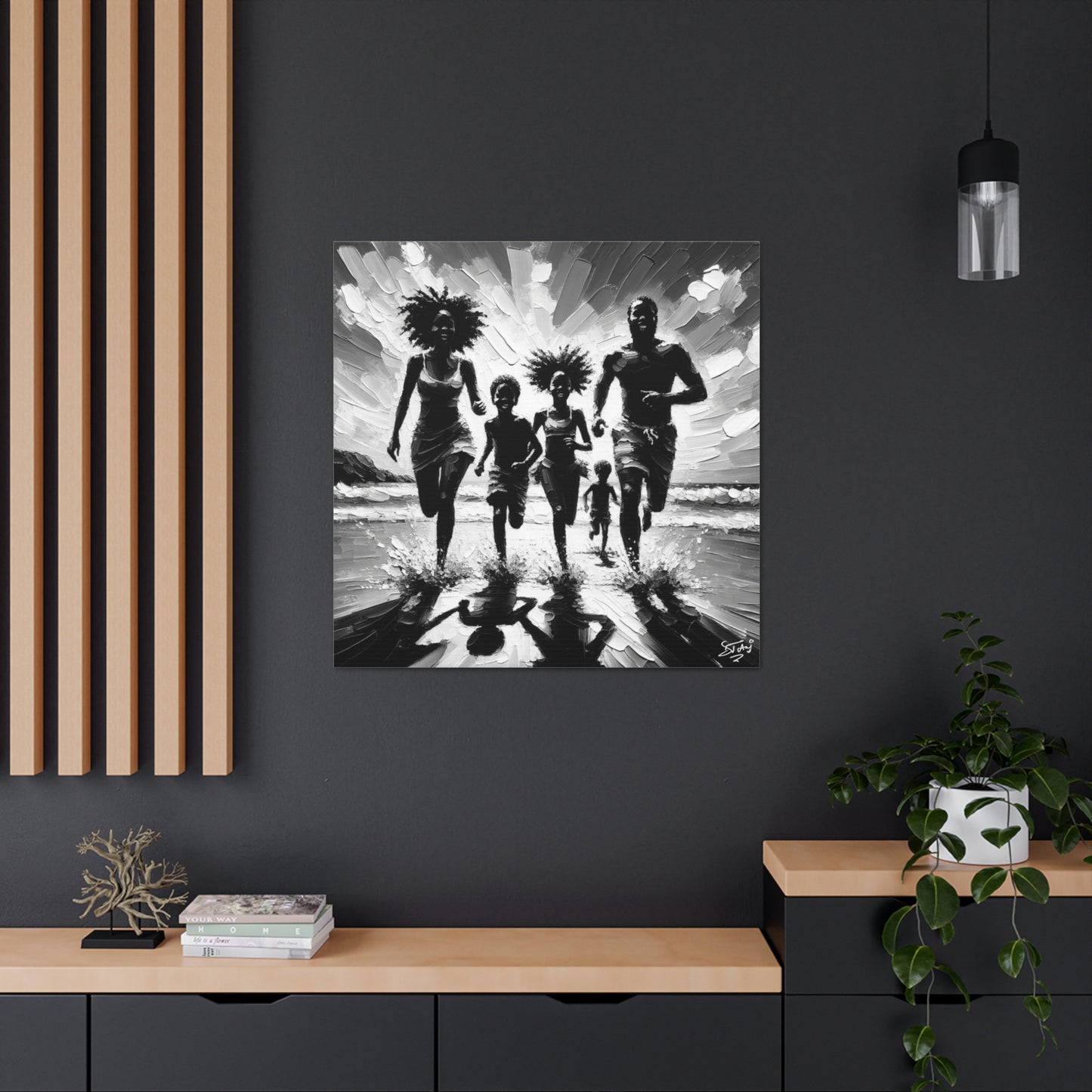 Art Print, Afro-Caribbean Family "Running on the Beach," Oil Finish, West Indian Ethnicity, Cultural, Heritage, Abstract, Canvas Gallery Wrap