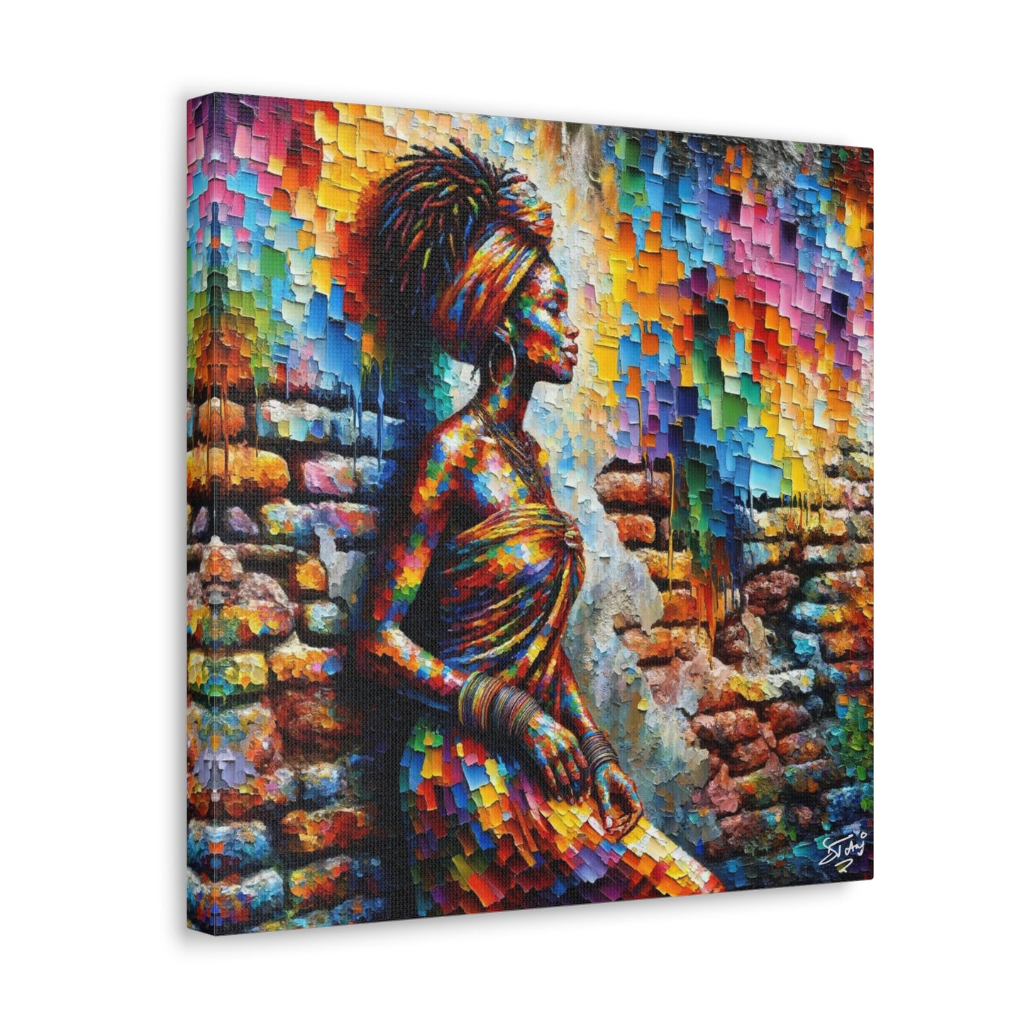 Art Print, Afro-Caribbean Woman "In Paint," (5) Oil Finish, West Indian Ethnicity, Cultural, Heritage, Semi-Abstract, Canvas Gallery Wrap