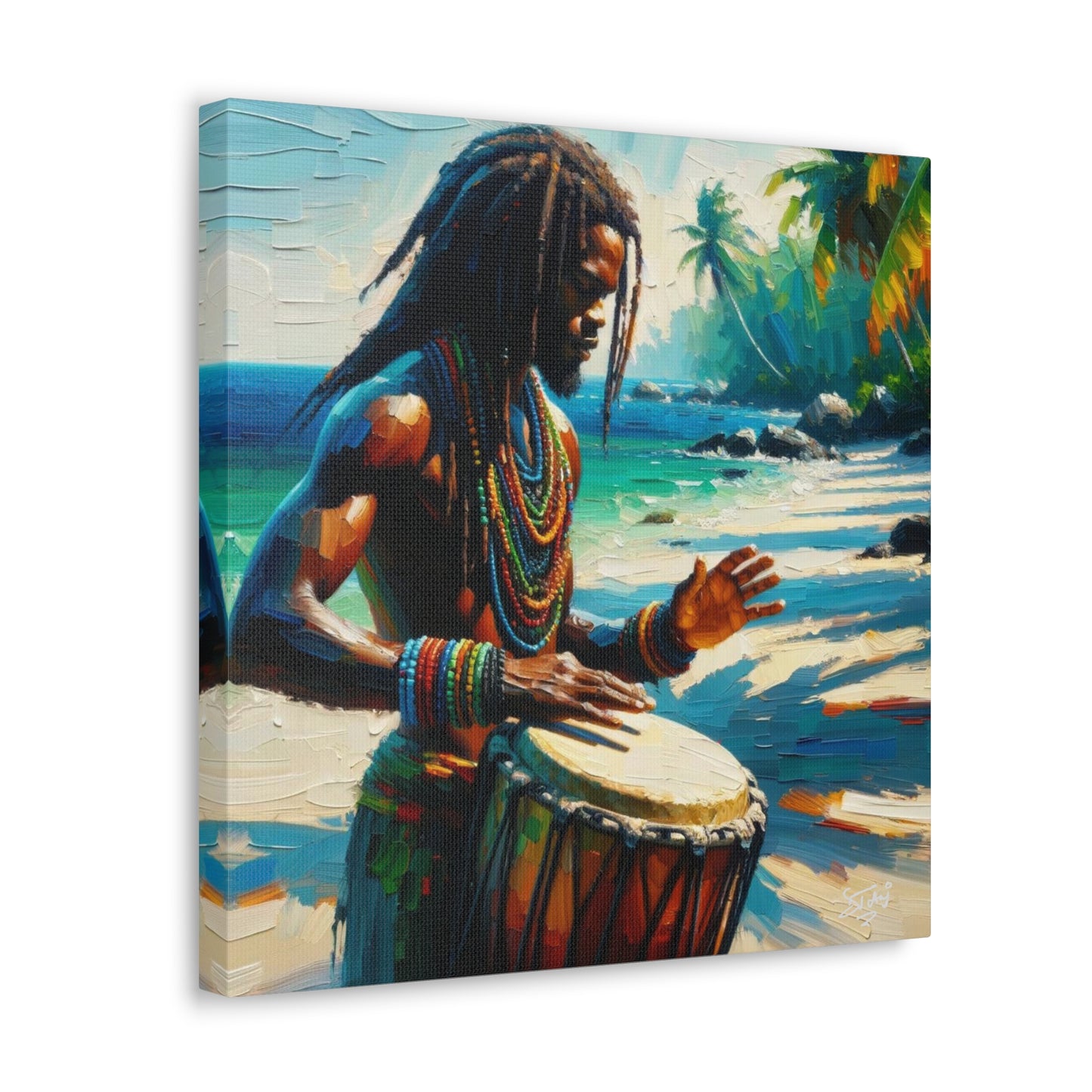 Art Print, Afro-Caribbean Man, "Drumming" Oil Finish, West Indian Ethnicity, Cultural, Heritage, Abstract, Canvas Gallery Wrap