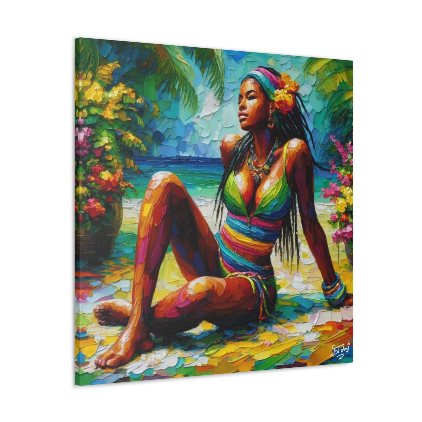 Art Print, Caribbean Woman, "Relaxing" Oil Finish, West Indian Ethnicity, Cultural, Heritage, Abstract, Canvas Gallery Wrap