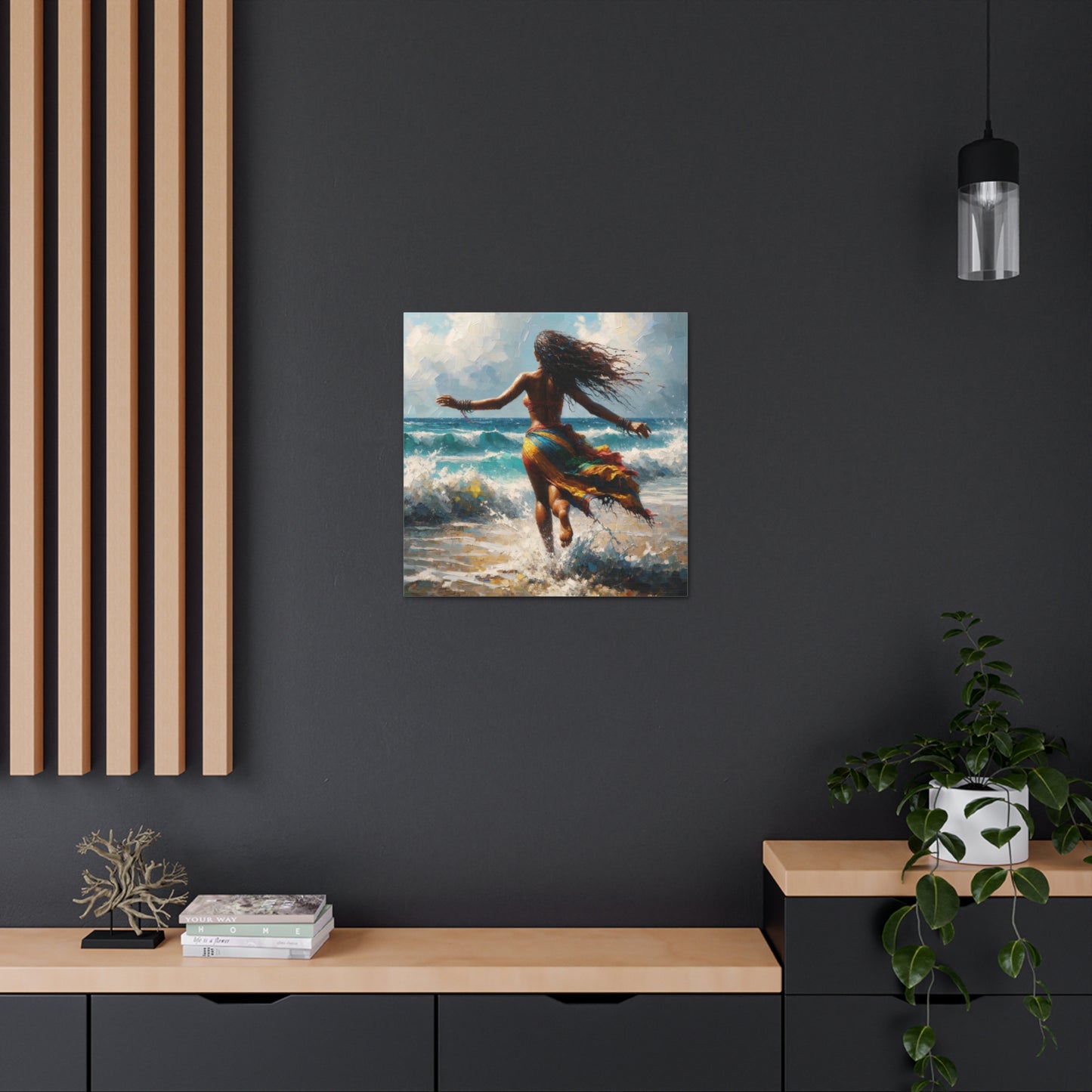 Art Print#2, East Indian Woman from Trinidad running into the Atlantic Ocean, Caribbean, Oil Finish, West Indian Art, Canvas Gallery Wraps