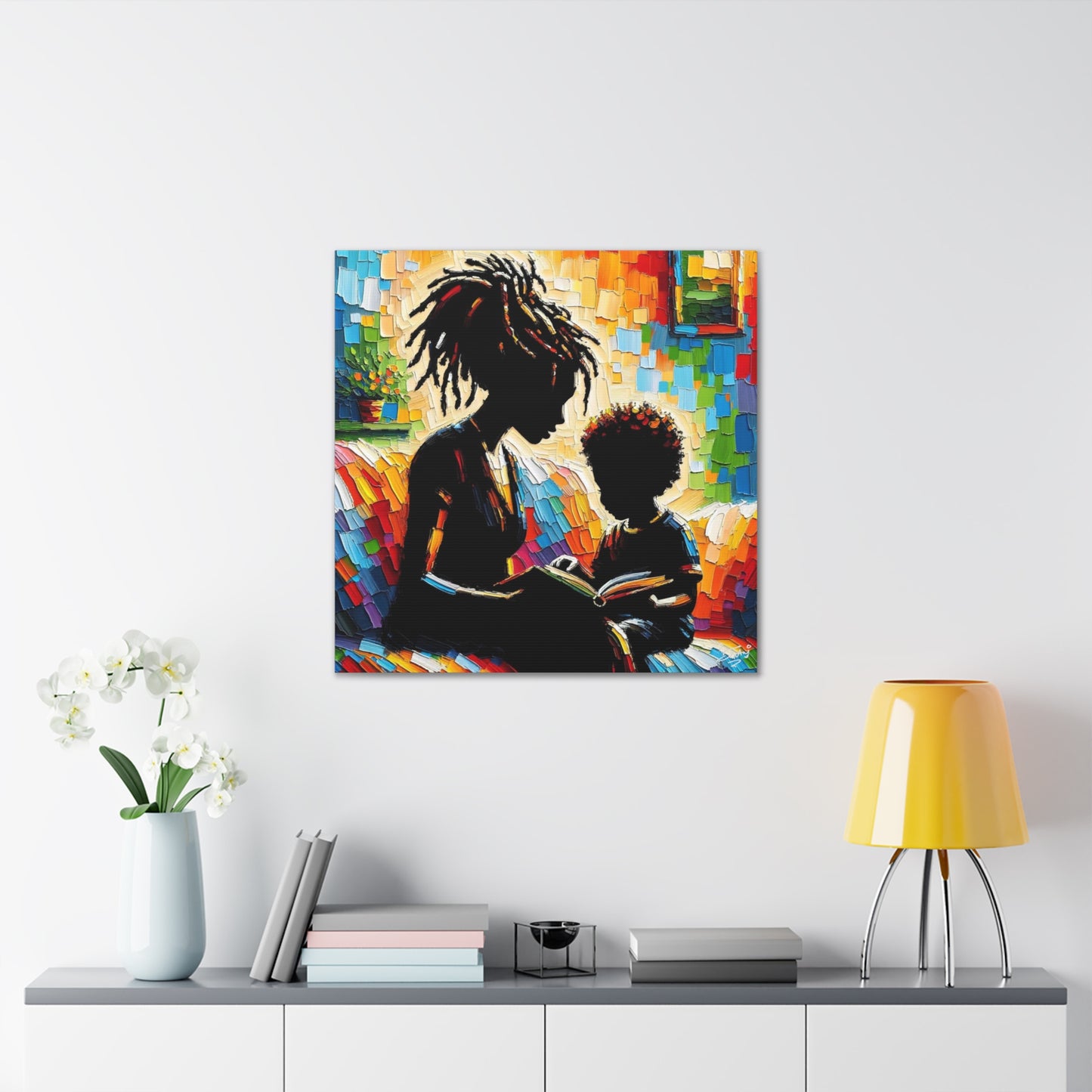 Art Print, Afro-Caribbean Mother & Son (3), Oil Finish, West Indian Ethnicity, Cultural, Heritage, Semi-Abstract, Canvas Gallery Wrap