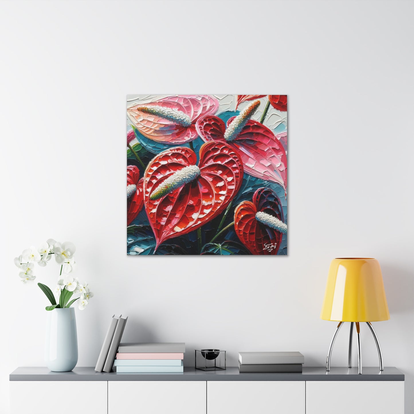 Art Print of Anthurium Flowers, Oil Finish, West Indian Art, Canvas Gallery Wraps