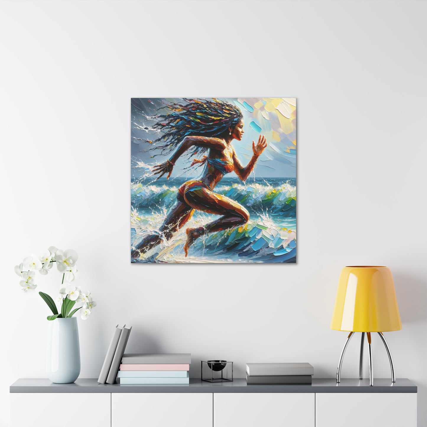 Art Print#3, East Indian Woman from Trinidad running into the Atlantic Ocean, Caribbean, Oil Finish, West Indian Art, Canvas Gallery Wraps