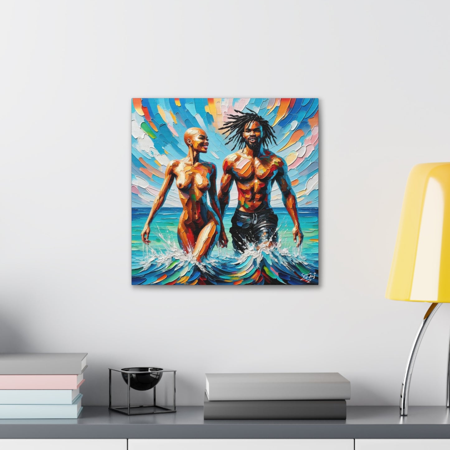 Art Print, Afro-Caribbean Couple in the Ocean, Oil Finish, West Indian Ethnicity, Cultural, Heritage, Semi-Abstract, Canvas Gallery Wrap