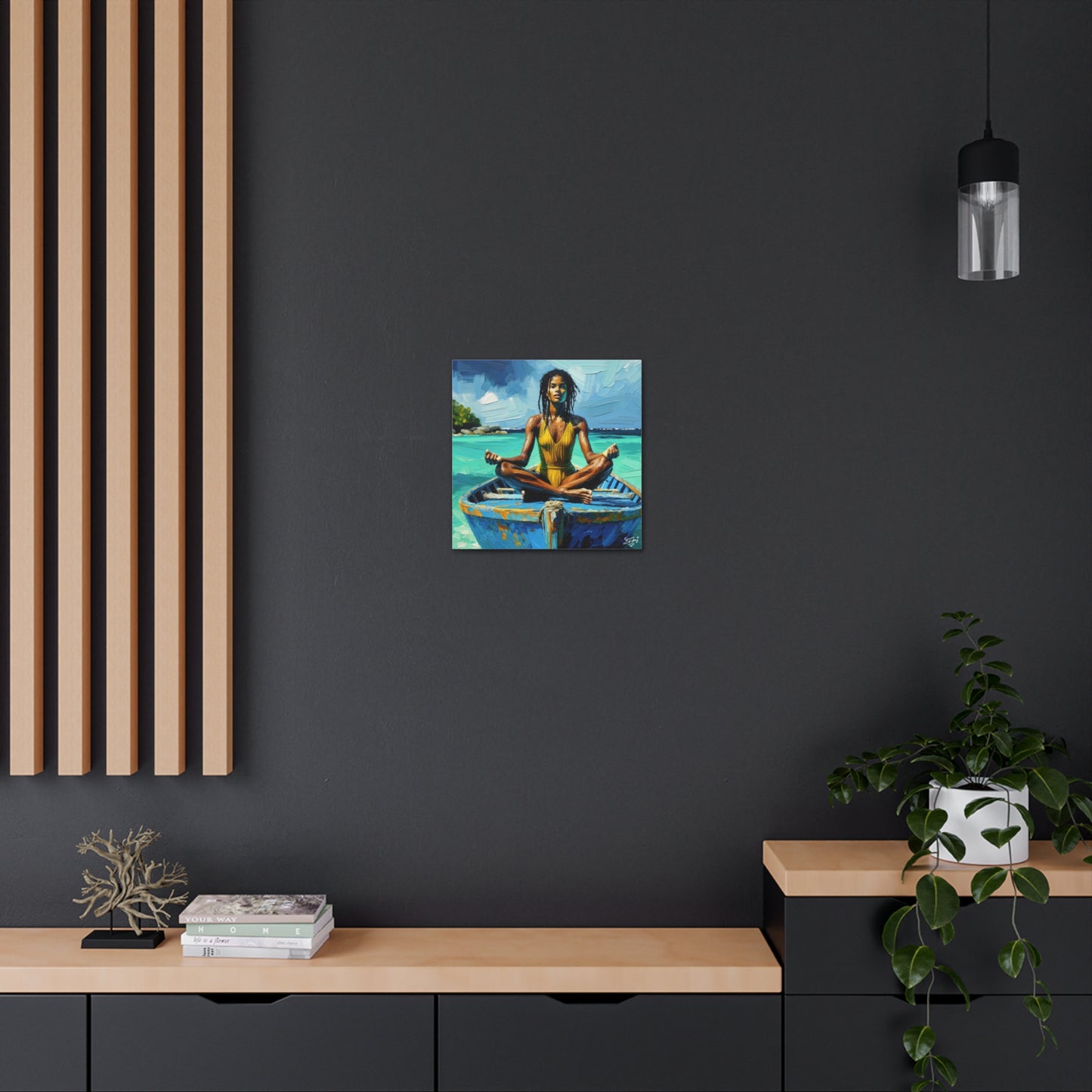 Art Print, Afro-Caribbean Woman "Chilling in the Boat (4)" Oil Finish, West Indian Ethnicity, Cultural, Heritage, Semi-Abstract, Canvas Gallery Wrap