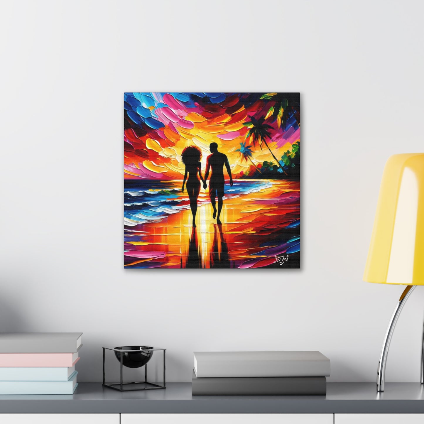 Art Print, Caribbean Couple, "Walking on the Beach" Semi-Abstract Oil Finish, West Indian Ethnicity, Cultural, Heritage, Abstract, Canvas Gallery Wrap