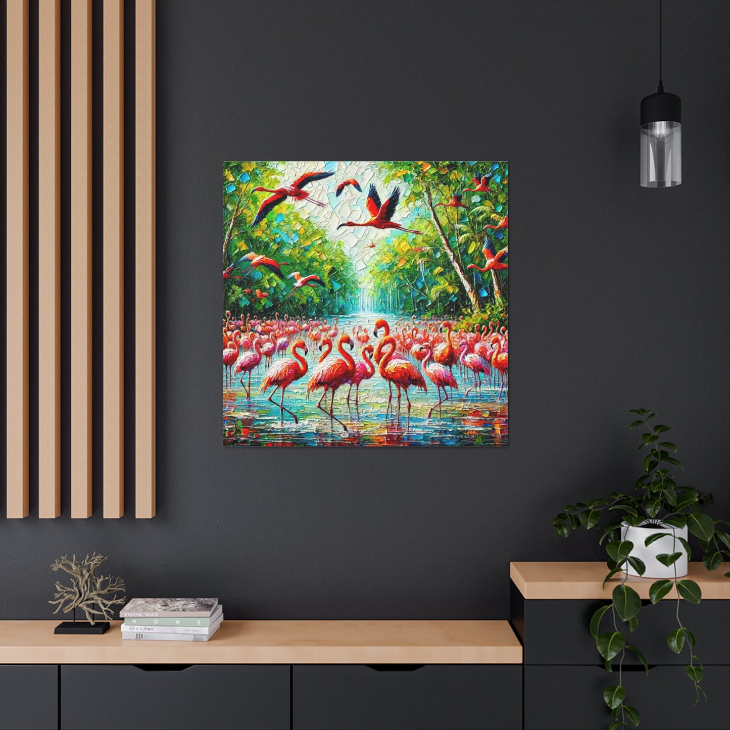 Art Print, Scarlet Ibises & Flamingos in Their Natural Mangrove Habitat in Trinidad and Tobago, Caribbean, West Indian Art, Canvas Gallery Wraps