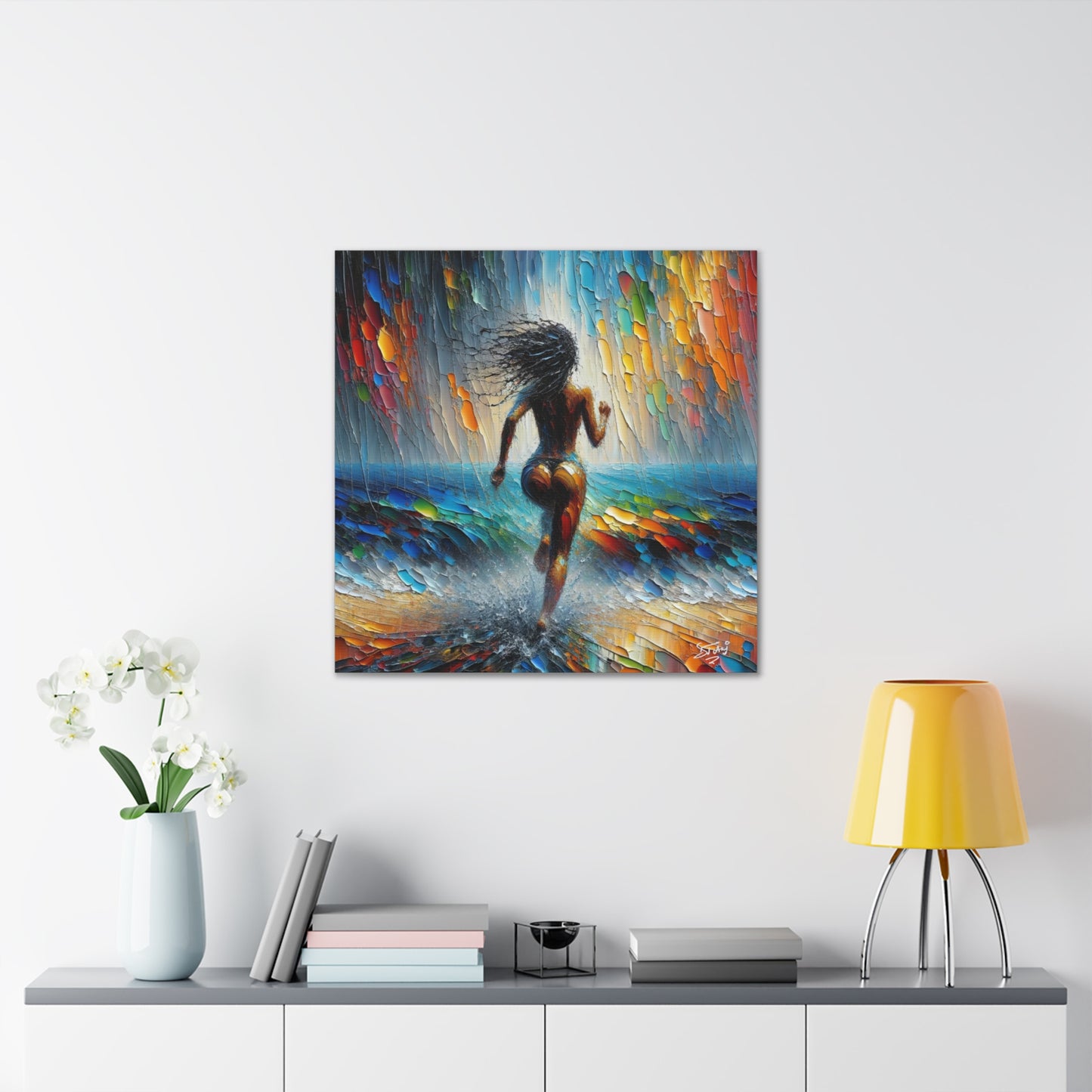 Art Print, Dougla Woman "Running Into the Storm" Oil Finish, West Indian Ethnicity, Cultural, Heritage, Semi-Abstract, Canvas Gallery Wrap