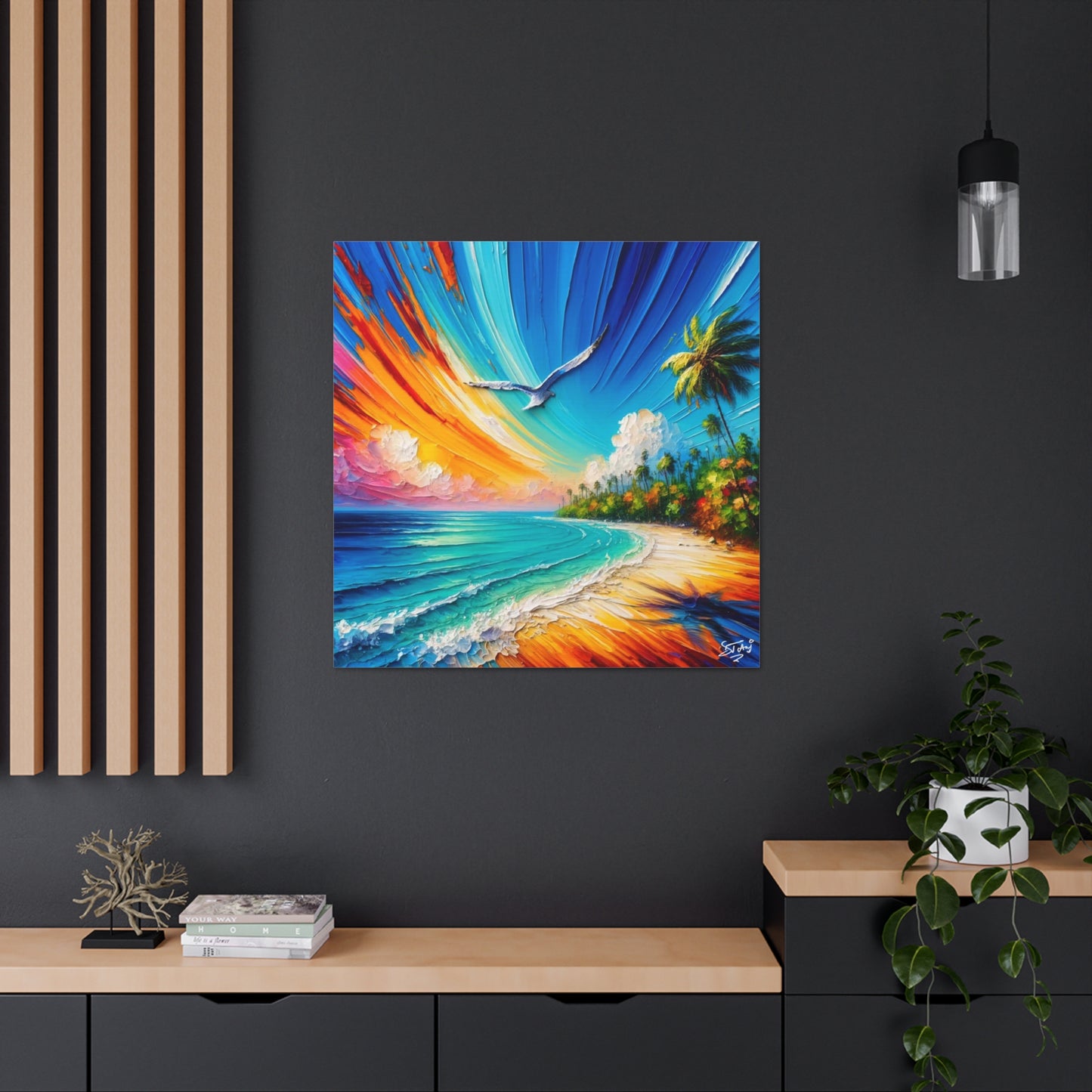 Art Print, "Bird Enjoying View," Oil Finish, Caribbean Nature, Cultural, Heritage, Semi-Abstract, Canvas Gallery Wrap