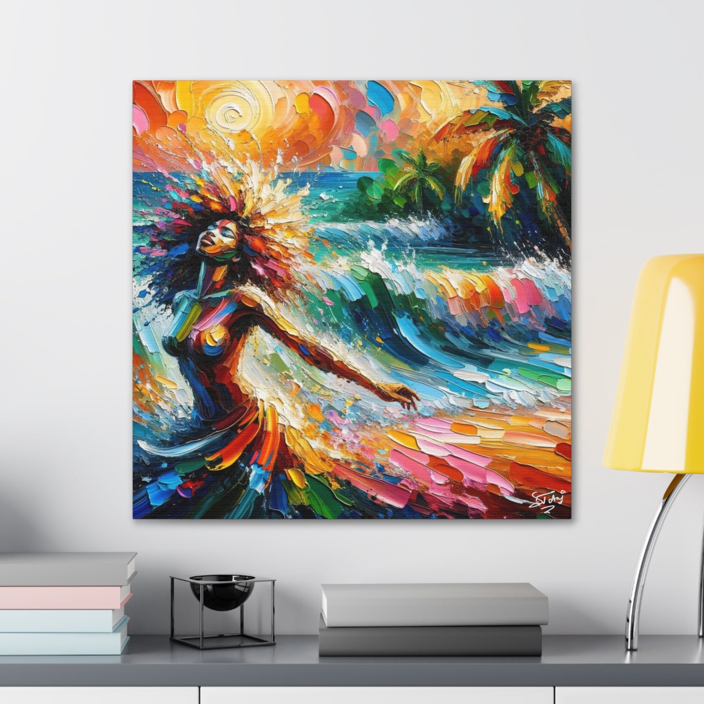 Art Print, Afro-Caribbean Woman, "Enjoying the Sunset" Abstract, Oil Finish, West Indian Ethnicity, Cultural, Heritage, Abstract, Canvas Gallery Wrap