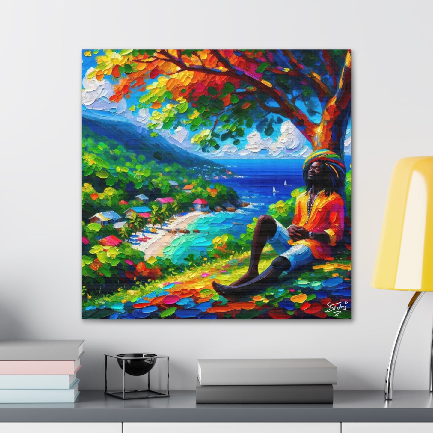 Art Print, Rastaman, "Relaxing" Oil Finish, West Indian Ethnicity, Cultural, Heritage, Abstract, Canvas Gallery Wrap