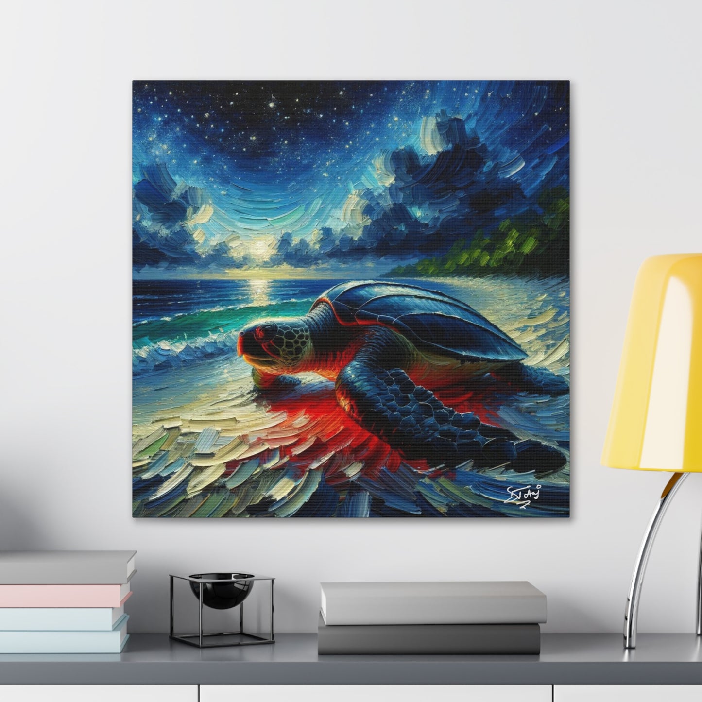 Art Print, Turtle at Night, Caribbean Wildlife, Oil Finish, Caribbean Nature, Culture, Heritage, Canvas Gallery Wrap