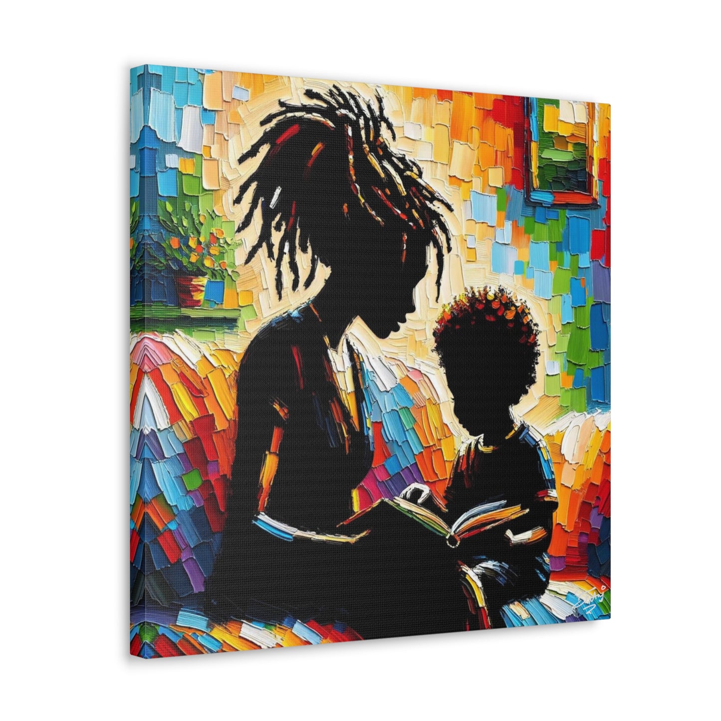 Art Print, Afro-Caribbean Mother & Son (3), Oil Finish, West Indian Ethnicity, Cultural, Heritage, Semi-Abstract, Canvas Gallery Wrap