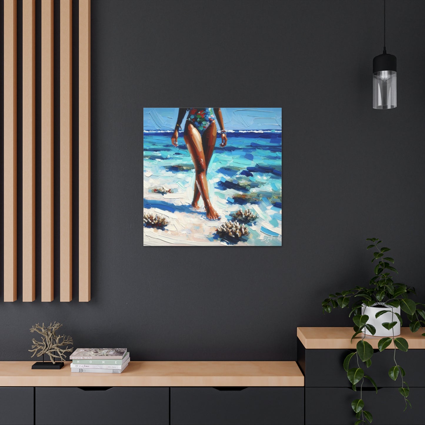 Art Print, Caribbean Woman, "Strolling on the Beach" Oil Finish, West Indian Ethnicity, Cultural, Heritage, Abstract, Canvas Gallery Wrap