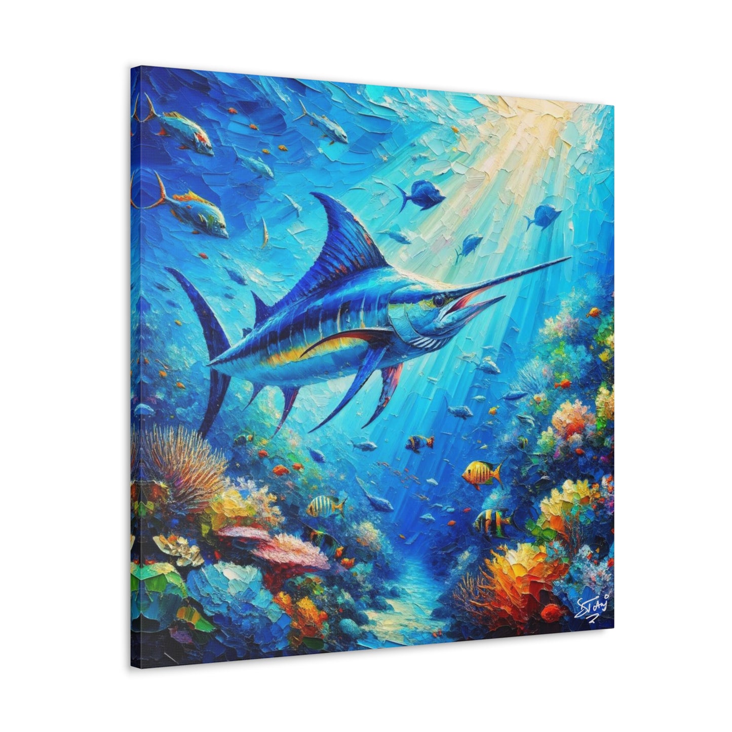 Art Print, Blue Marlin in Coral Reef, Oil Finish, Caribbean Nature, Semi-Abstract, Canvas Gallery Wrap