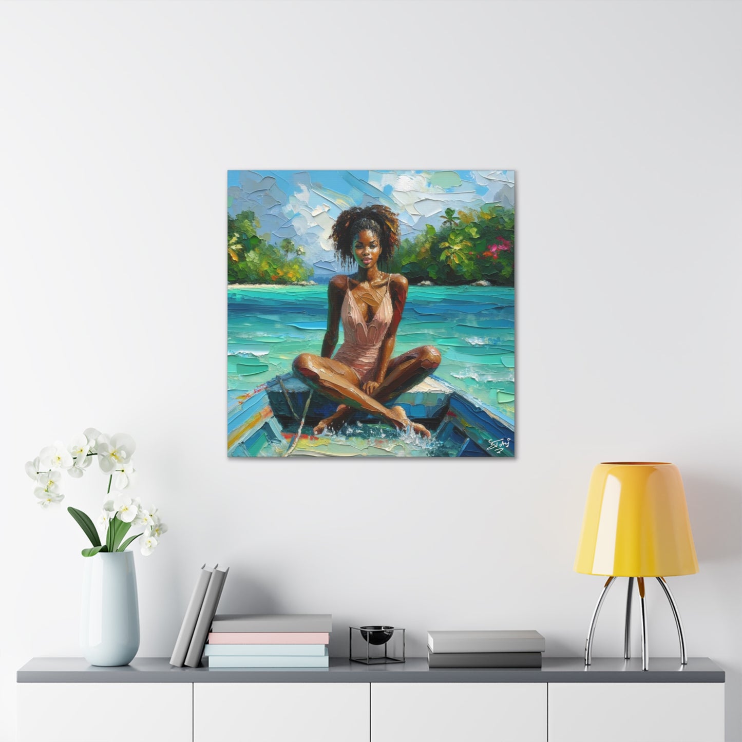 Art Print, Caribbean Woman "Chilling in the Boat" Oil Finish, West Indian Ethnicity, Cultural, Heritage, Semi-Abstract, Canvas Gallery Wrap