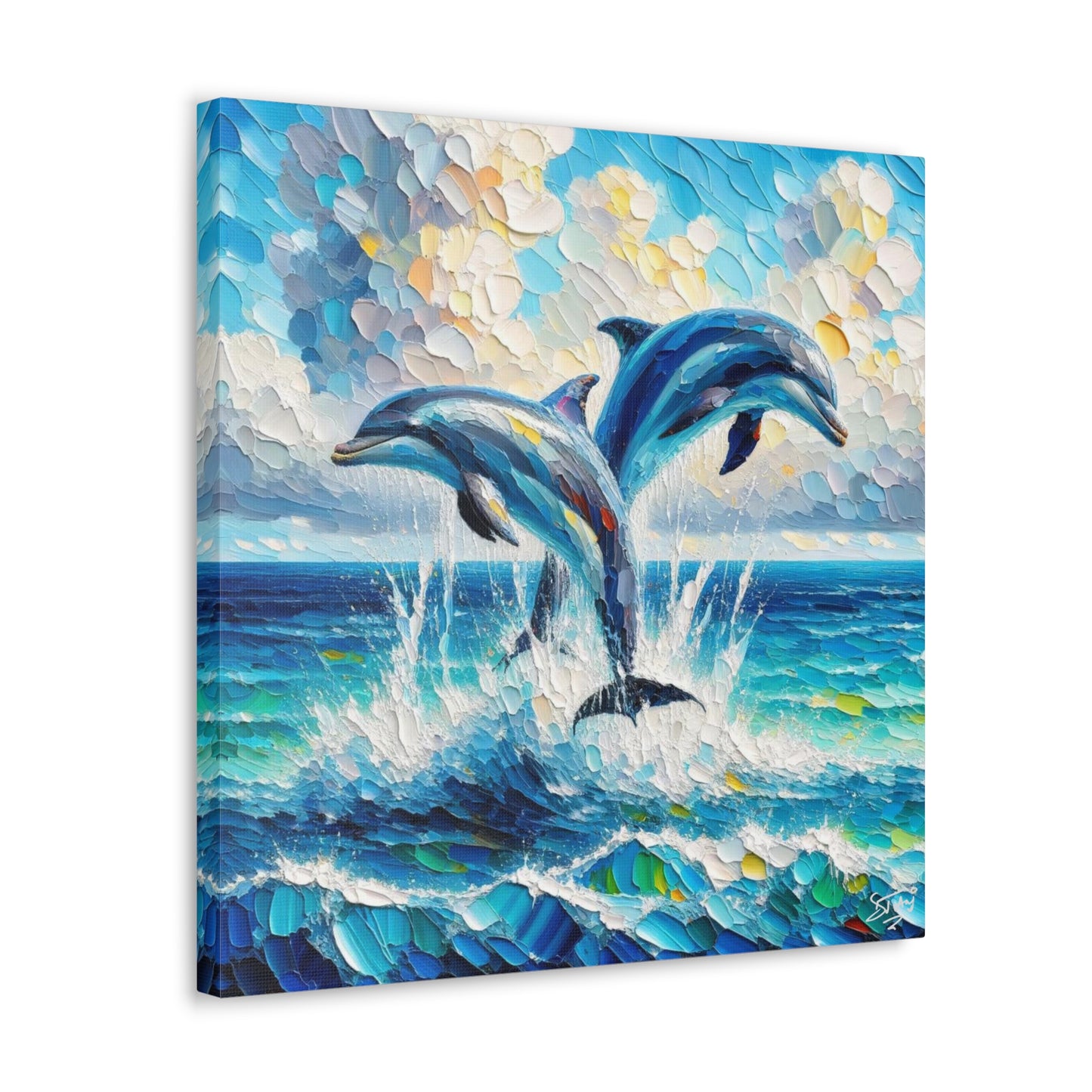 Art Print, Two Dolphins, Oil Finish, Caribbean Nature, Canvas Gallery Wrap