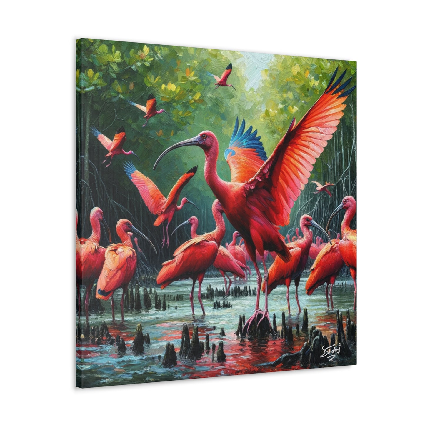 Art Print#2, Scarlet Ibises in Their Natural Mangrove Habitat in Trinidad and Tobago, Caribbean, West Indian Art, Canvas Gallery Wraps