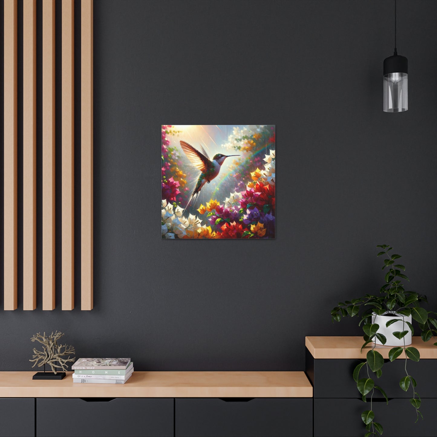 Art Print#3 of Hummingbird in Flight...in the Sun and Rain, Bougainvillea, Caribbean, Oil Finish, West Indian Art, Canvas Gallery Wraps