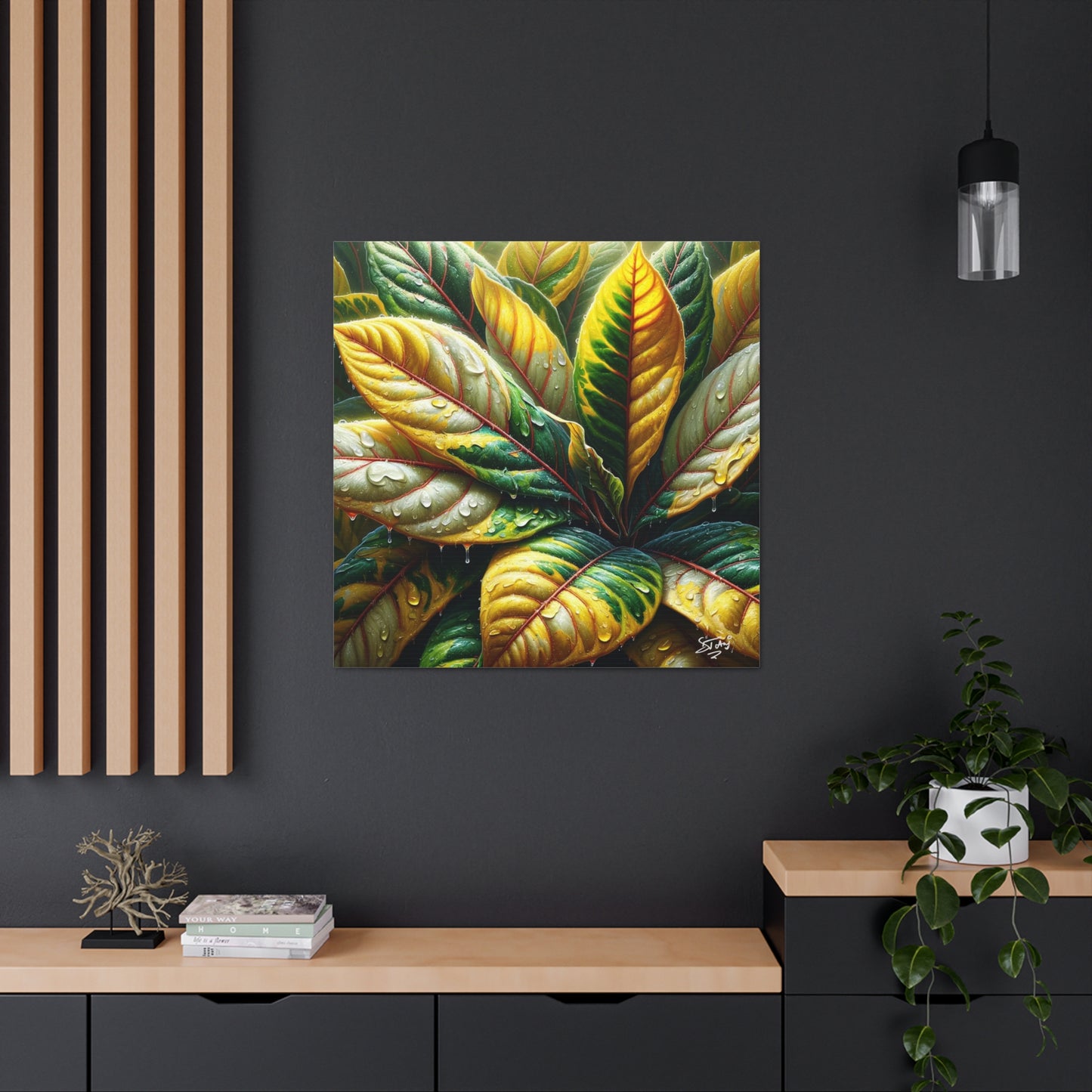 Oil Print of Croton Plant, Close-up, Still Wet from Recent Rain, Caribbean, Tropical Plant, Canvas Gallery Wraps