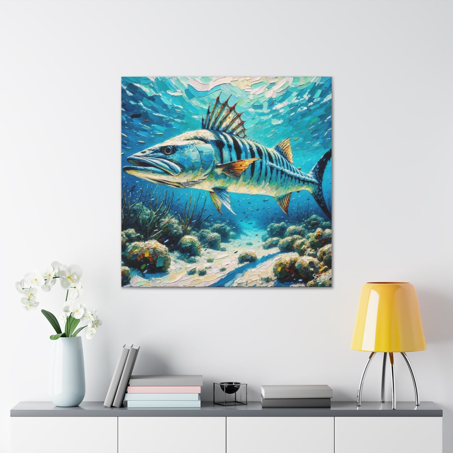 Art Print, Great Barracuda, Oil Finish, Caribbean Nature, Canvas Gallery Wrap