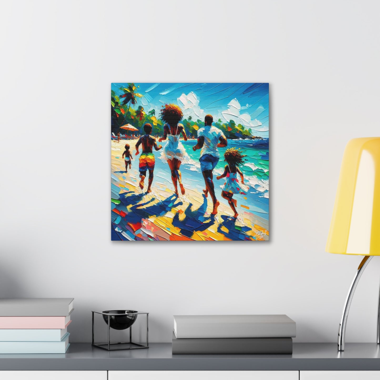 Art Print, Afro-Caribbean Family "Running on the Beach," Oil Finish, West Indian Ethnicity, Cultural, Heritage, Semi-Abstract, Canvas Gallery Wrap