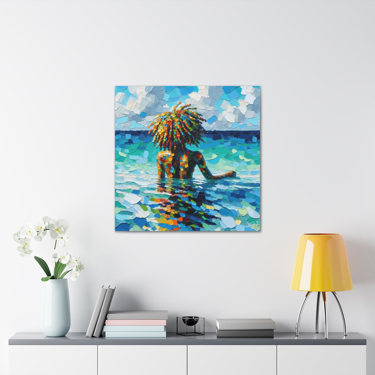 Art Print, Afro-Caribbean Woman, "Sea Bath" Oil Finish, West Indian Ethnicity, Cultural, Heritage, Abstract, Canvas Gallery Wrap