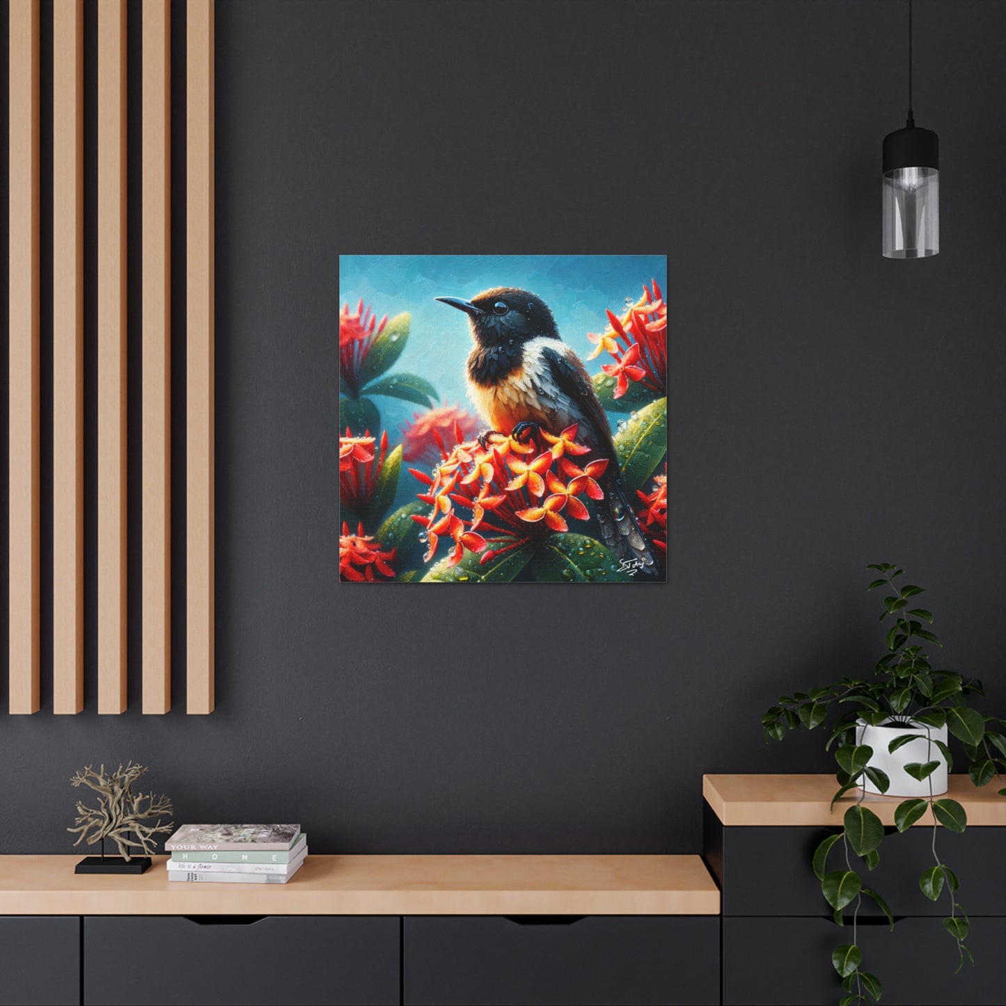 Print of Redstart Perched on Ixora Flower, Oil Paint Finish, Caribbean, Tropical, Canvas Gallery Wraps