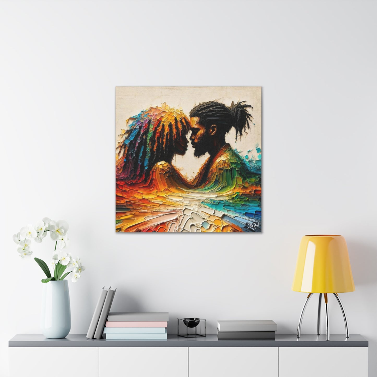 Art Print, Afro-Caribbean Couple in Love (2), Oil Finish, West Indian Ethnicity, Cultural, Heritage, Semi-Abstract, Canvas Gallery Wrap