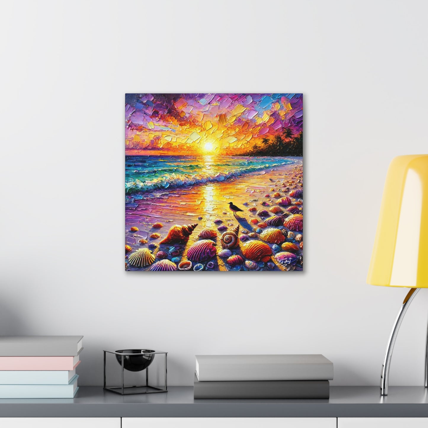 Art Print, Seashells on Caribbean Beach, Sunset, Semi-Abstract, Oil Painting, West Indian Art, Canvas Gallery Wraps