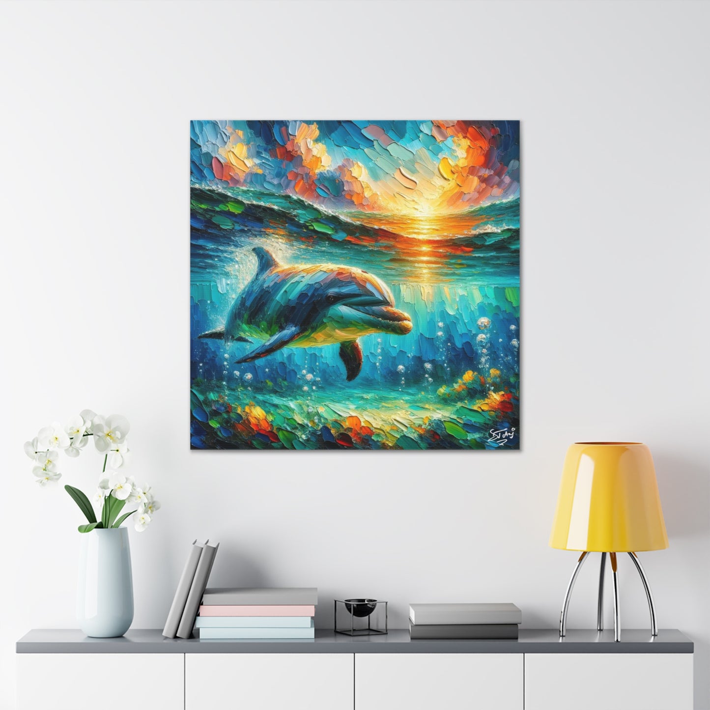 Art Print, Dolphin at Sunset, Oil Finish, Caribbean Nature, Semi-Abstract, Canvas Gallery Wrap