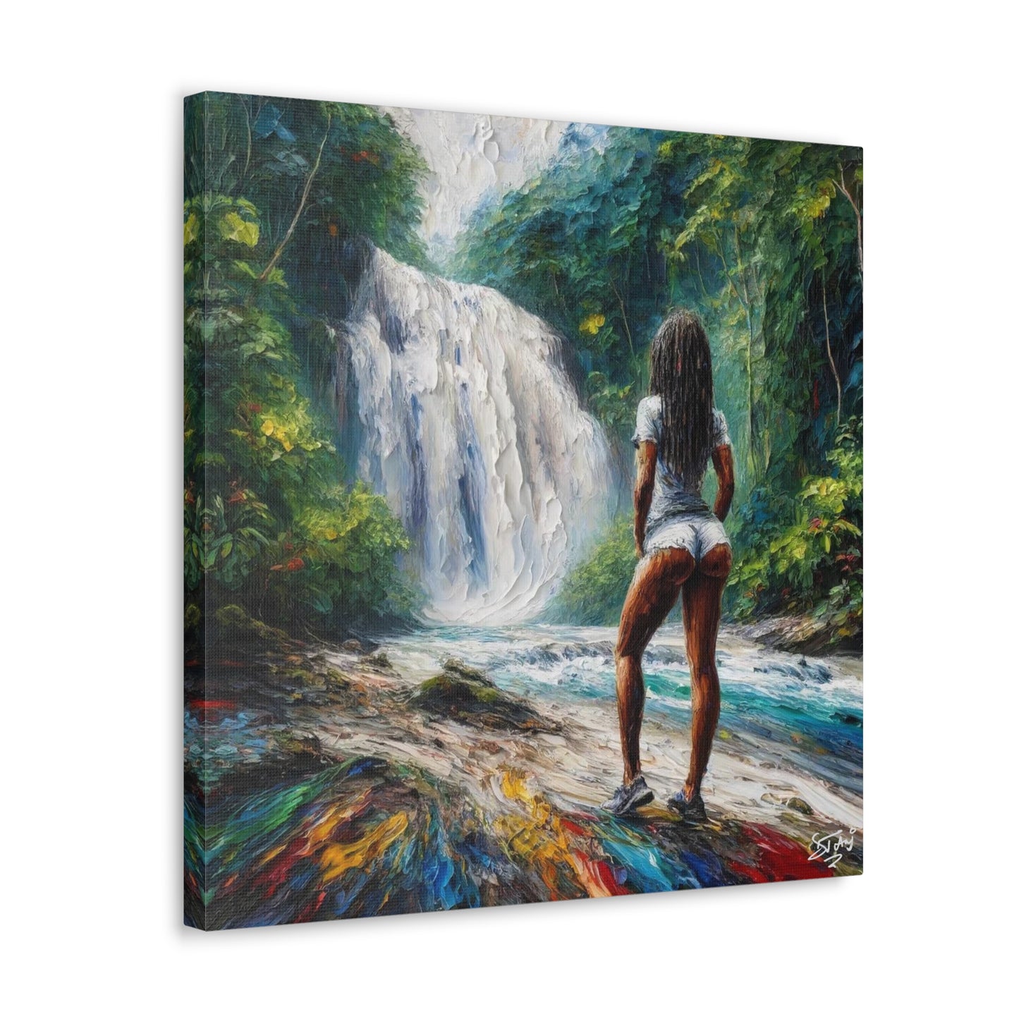 Art Print, Dougla Woman "Chilling at the Waterfall" Oil Finish, West Indian Ethnicity, Cultural, Heritage, Semi-Abstract, Canvas Gallery Wrap