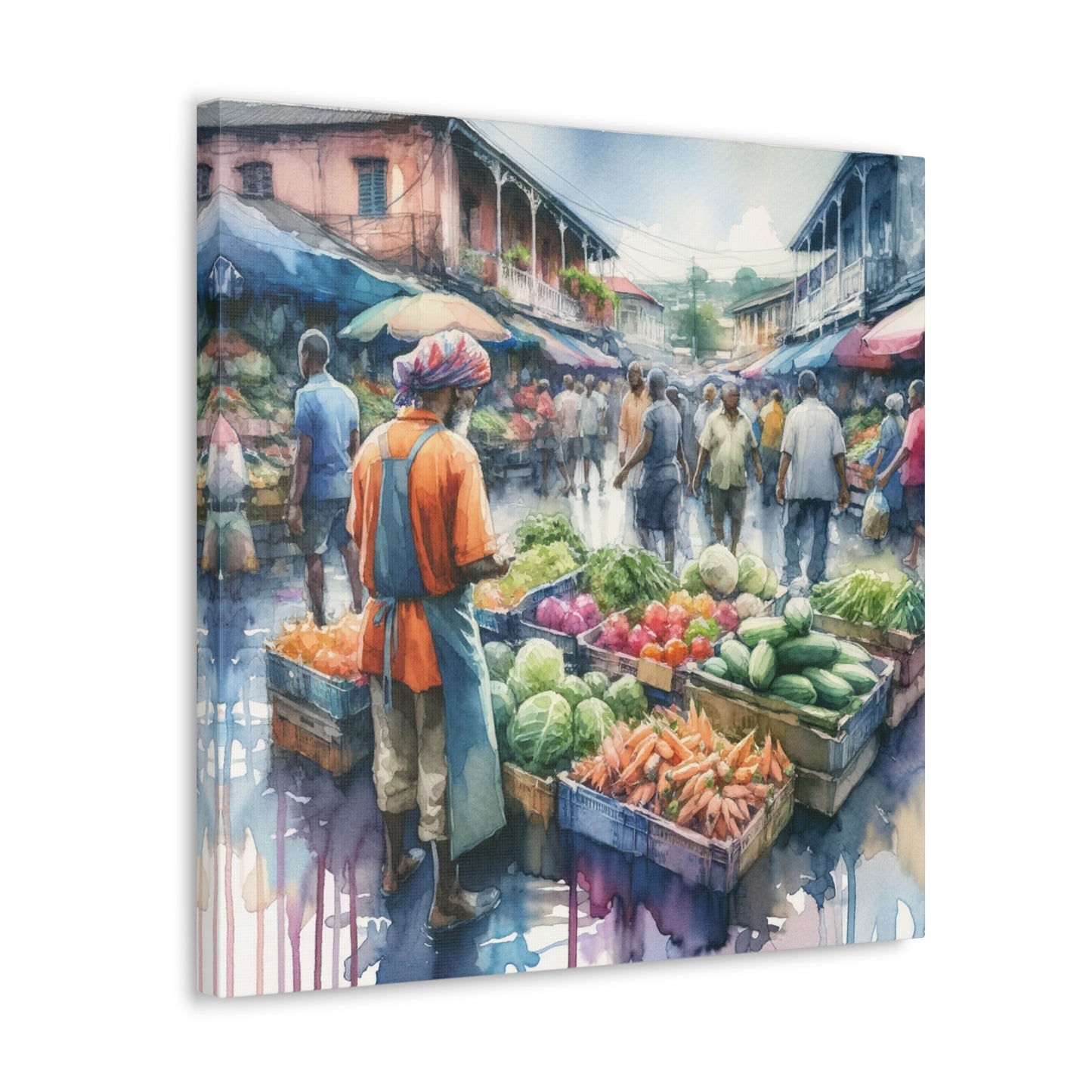 Art Print#2, "Selling at the Market", Market Scene in Trinidad, Caribbean, Watercolor Finish, West Indian Art, Canvas Gallery Wraps