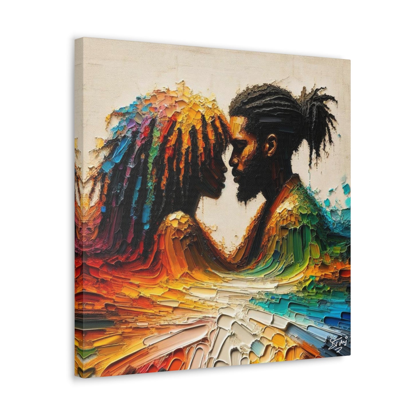 Art Print, Afro-Caribbean Couple in Love (2), Oil Finish, West Indian Ethnicity, Cultural, Heritage, Semi-Abstract, Canvas Gallery Wrap