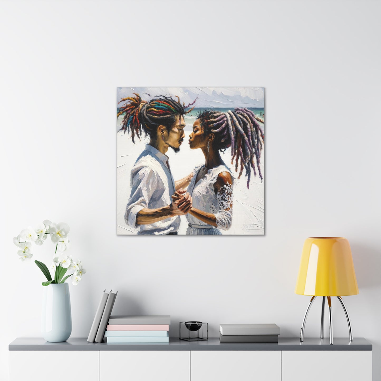 Art Print, Caribbean Couple, "Beach Wedding" Semi-Abstract Oil Finish, West Indian Ethnicity, Cultural, Heritage, Canvas Gallery Wrap